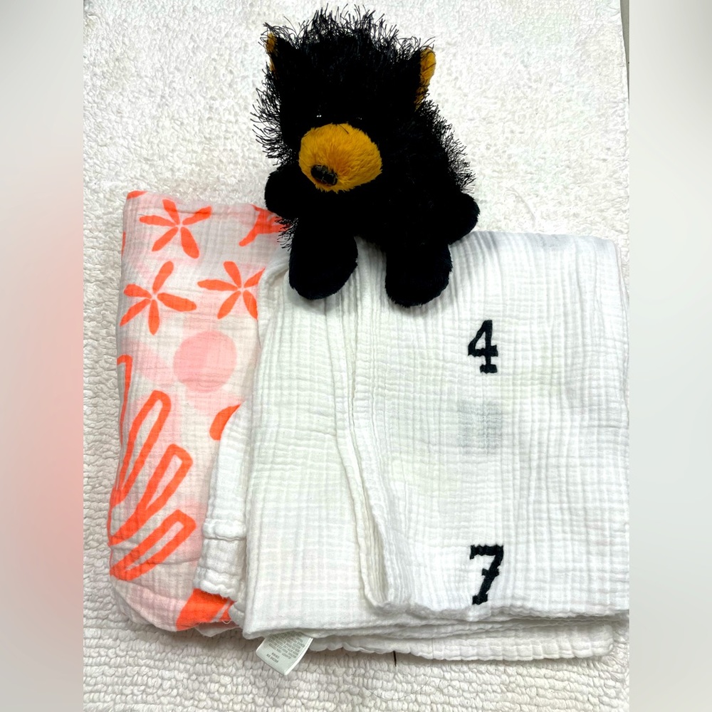 Two Cloud Island baby blankets Monthly growth Milestones and orange & white